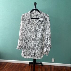 Joie  1X Floral 100% Linen Button Up Shirt Top Roll Tab Sleeve Blouse ( E - 19 )